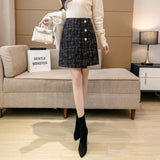 Fashion Button High Waist Wrap A Line Mini Skirt Office Lady Elegant Vintage Checked Tweed Skirt