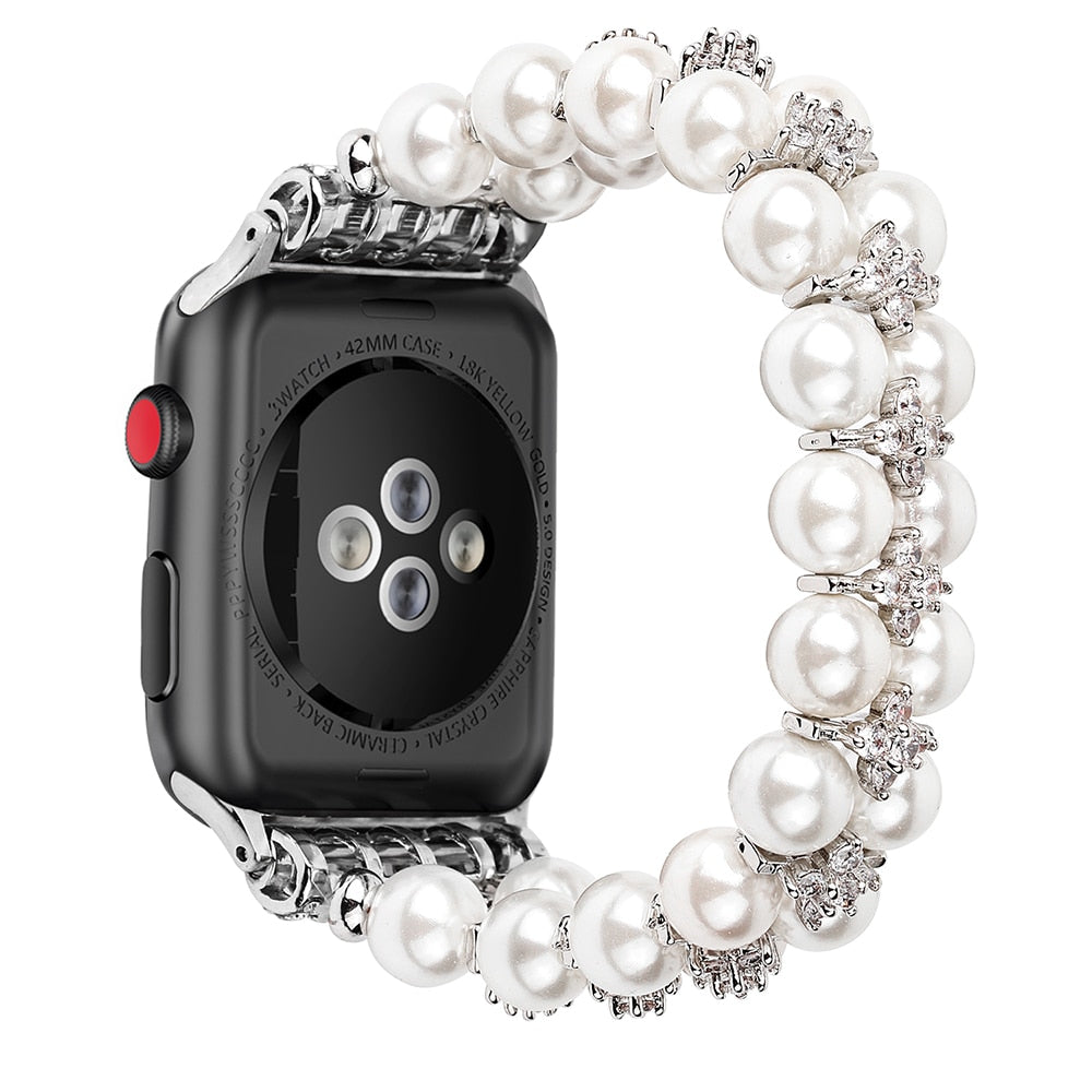 Elegant Watchband Compatible for Apple Watch Band 38mm 40mm 42mm 44mm Pearls Beaded Stretch Bracelet Watch Strap Bands for Women