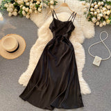 Women Party Vintage Elegant Belted Midi Dress V Neck Sleeveless Spaghetti Strap Sexy Satin Dress