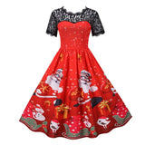 Holiday Santa Claus Print Elegant Women Lace Short Sleeve Vintage Pleated Dress Plus Size 3XL Robe Femme Winter Party