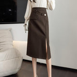 Women High Waist Spring Korean Style Vintage Woolen All-match Ladies Elegant Long Pencil Skirt