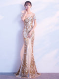 Short-sleeve O-neck Backless Floor-length Evening Dress Sequins Tulle Formal Women Gold Long Gowns Elegant Robe De Soriee