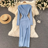 Autumn Winter Midi Dresses For Women Elegant V Neck Long Sleeve Ribbed Knitted Dress With Slit Sexy Bodycon Dress