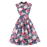 Floral Print Elegant High Waist Vintage Pinup Girls 50s O-Neck Sleeveless Pleated Cotton Dress