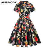 Green Summer Women Swing Midi Dress Parrot Printed Hepburn Style Sundress Short Sleeve Party 50s Casual Rockbilly Dresses