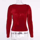Red Elegant Sweetheart Neck Button Front Vintage T Shirt Puff Sleeve 2021 Women Clothes Velvet Blouse Slim Cropped Tops