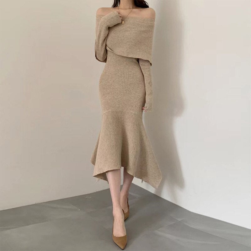 Knitted Winter Dresses For Women Clothes Long Sleeve Elegant Midi Sweater Dress Off Shoulder Sexy Bodycon Dress