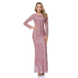 New Evening Pink Dress O Neck Full Sleeve Mermaid Sequins Tulle Floor Length Party Formal Dress