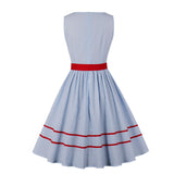 2021 O-Neck Sleeveless 50s Striped Vintage Pleated Summer Dress 100% Cotton Women Pocket Side Red Belt Casual Ladies Dresses