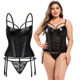 XS-6XL Sexy Shinny Leather Women's Vintage Push Up Black Lace Overbust Corset Bustier Lingerie Top With Suspenders