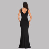 New Black Mermaid Evening Dress Gown Elegant Sexy V-neck Pleated Waist High Slit Taffta Banquet Dinner Prom Party Dress Vestidos