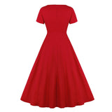 Red Elegant High Waist Women Long Tunic Dress Short Sleeve 50s Vintage Party Clothes Ladies A Line Cotton Retro Dresses