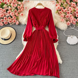 Party Elegant Vintage Midi Dress With Belt Autumn V Neck Long Sleeve Chic Office Pleated Dress