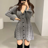 V Neck Button Up Cardigan Sweater Dress Long Sleeve Dress Women Winter Casual Twist Knitted Mini Short Dress