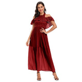 Halter Elegant Ruffle Cold Shoulder Party Robe Women Maxi Lace and Chiffon Fit and Flare Pleated Dress