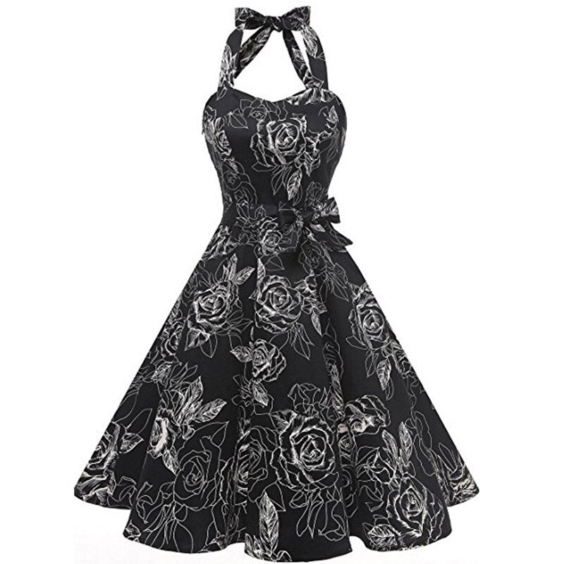 2021 Woman Gothic Casual A-Line Dress Summer Sleeveless Sexy Halter Floral Print Zipper Girl Beach Travel Goth Vintage Vestidos