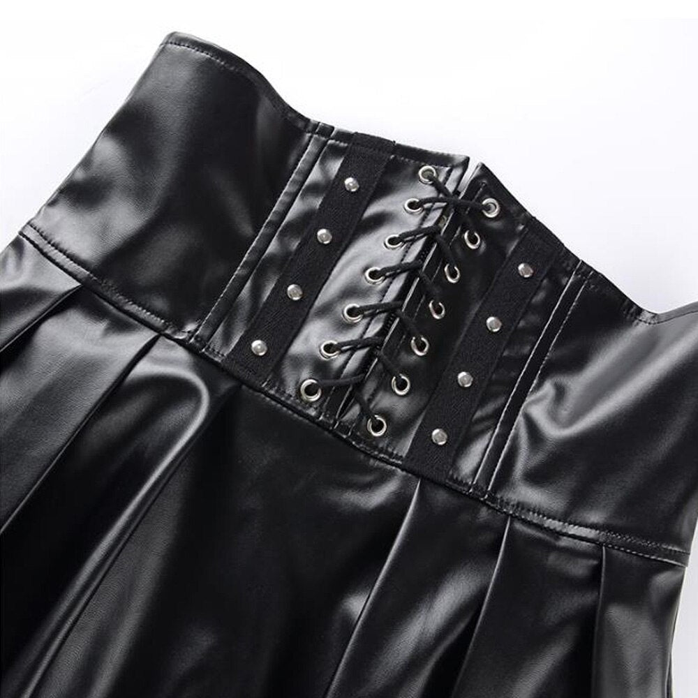 Black Faux Leather Goth Pleated Woman Gothic Punk Emo Egirl Lolita Dar ...