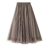 Plaid Summer Women Long Vintage Stretch High Waist A-Line Tulle Maxi Skirt