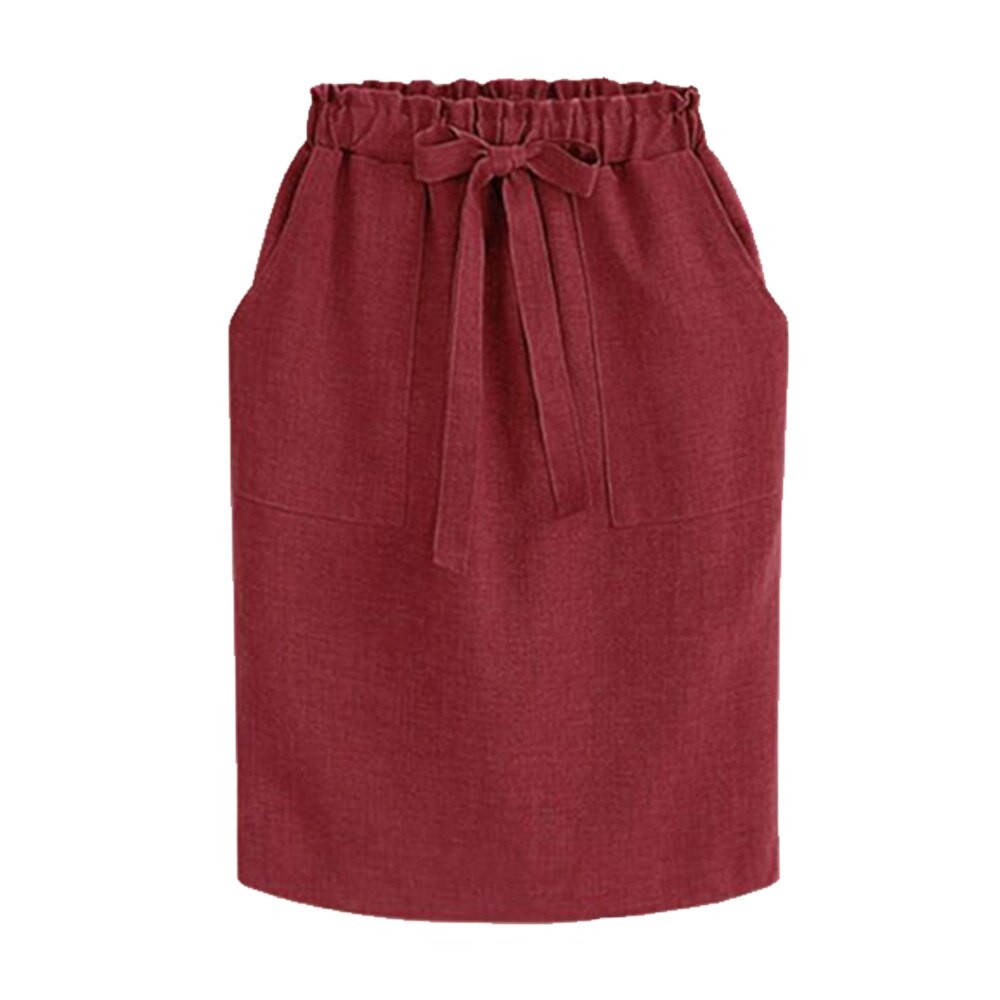 Women Elastic High Waist Pocket Skirt Cotton Linen Bodycon Skirts