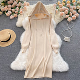 Autumn Winter Warm Hooded Long Sleeve Loose Casual Sweater Dress Ribbed Knitted Elegant Midi Dress