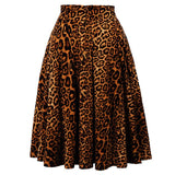 Leopard Print High Waist Skirt Pleated Women Flared Runway Midi Skirt Fashion Cotton Swing Rockabilly Party Skirts Gothic