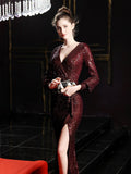 Burgundy Full Sleeve Evening Sequinde Formal Dress Sexy V-neck Prom Gown Elegant Evening Gowns