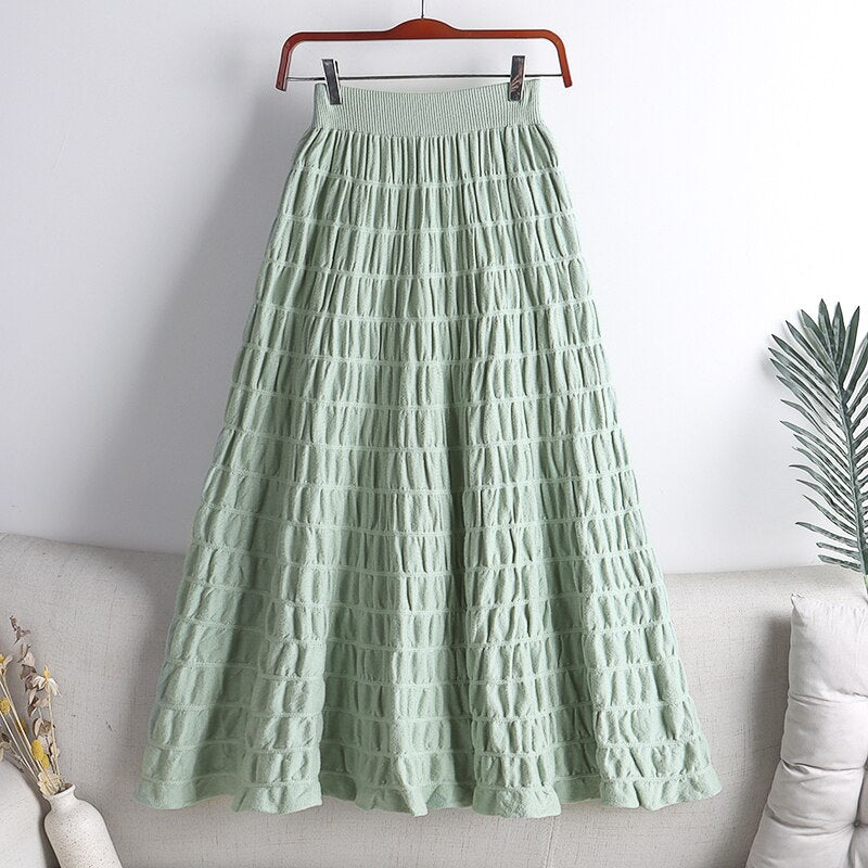 New High Waist Women Casual Knitted Midi Skirts Elastic Waist Elegant A Line Long Skirts