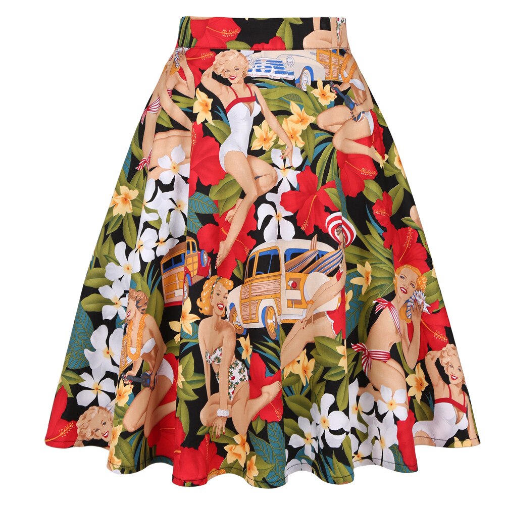 Harajuku Summer Casual Women Skirt 50s 60s Cotton Big Swing Pin Up Rockabilly Vintage Short School Skirts Saia Feminina