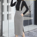 Spring Summer Plaid Women Straps Midi High Waist Workwear Back Split Sheath Pencil Skirts