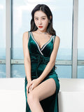 V Neck Sleeveless Sexy Lady Long Party Dress Green Black Velour High Split Women Vestidoes Robe