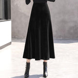 Velvet Long Women Korean Style Red Black Maxi Skirt Autumn Winter High Waist Skirt