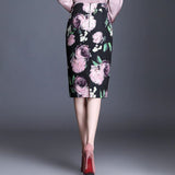 Vintage Floral Print Women Korean Office Streetwear Bodycon High Waist Ladies Midi Skirt