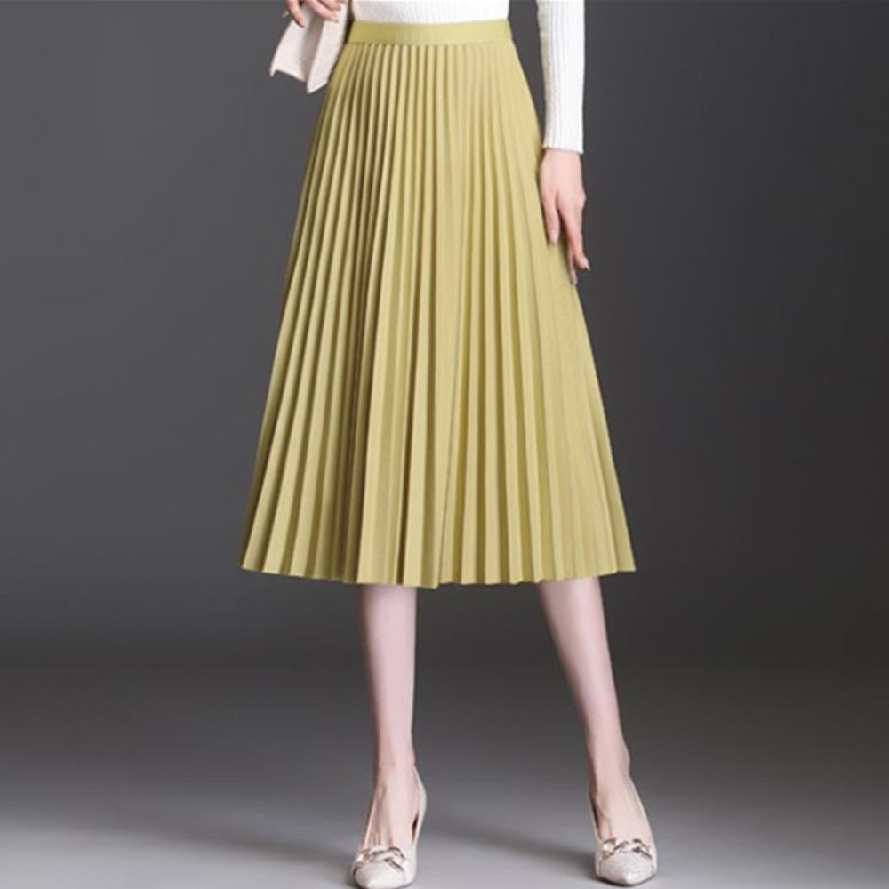Summer Women Long Yellow Maxi Pleated High Waist Elastic Casual Party Midi Skirt