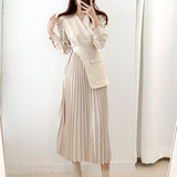 Elegant Office Lady Side Belted Overlay Pleated Dress Crossover V Neck Long Sleeve Midi Dress