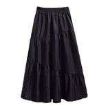 Korean Style Black White Long Women Solid Casual High Waist Midi Length Pleated Summer Skirt