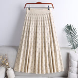 High Waist Fall Winter Letter Knitted Pleated Skirts Elastic Waist A Line Casual Midi Skirt