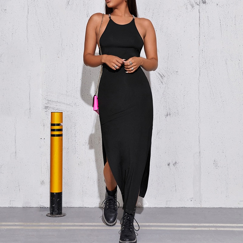 Women Summer Halter Backless Sexy Bodycon Dress Solid Black Sleeveless Strapless Holiday Party Beach Long Dress Streetwear