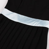 Stand Collar High Waist Patchwork Elegant Black Pleated Runway Dress Women Bow Tie Back Knee Length Ladies Dresses