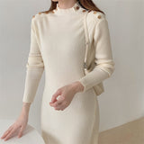 High Neck Long Sleeve Casual Midi Sweater Dress Fall Winter Elegant Button Ribbed Knitted Dress