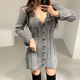 V Neck Button Up Cardigan Sweater Dress Long Sleeve Dress Women Winter Casual Twist Knitted Mini Short Dress