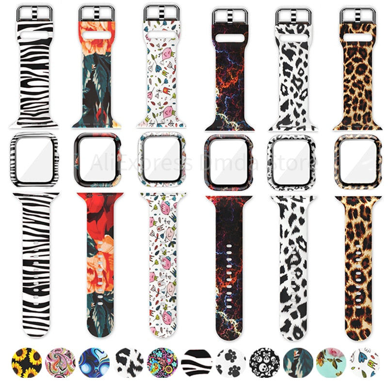 New Silicone Printed Strap + Case For Apple Watch Series 6 5 4 40mm 44mm iWatch Band SE 3 38mm 42mm Tempered Glass film Bracelet