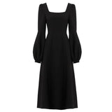 Spring Women Black Retro Split Dress Elegant Midi Designer Dress Female Long Sleeve Hepburn Style Chiffon Vintage Dress