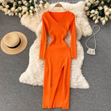 Autumn Winter Midi Dresses For Women Elegant V Neck Long Sleeve Ribbed Knitted Dress With Slit Sexy Bodycon Dress