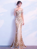 Short-sleeve O-neck Backless Floor-length Evening Dress Sequins Tulle Formal Women Gold Long Gowns Elegant Robe De Soriee