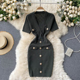 V Neck Short Sleeve Knit Sexy Mini Dress Office Lady Button Elegant Bodycon Dress