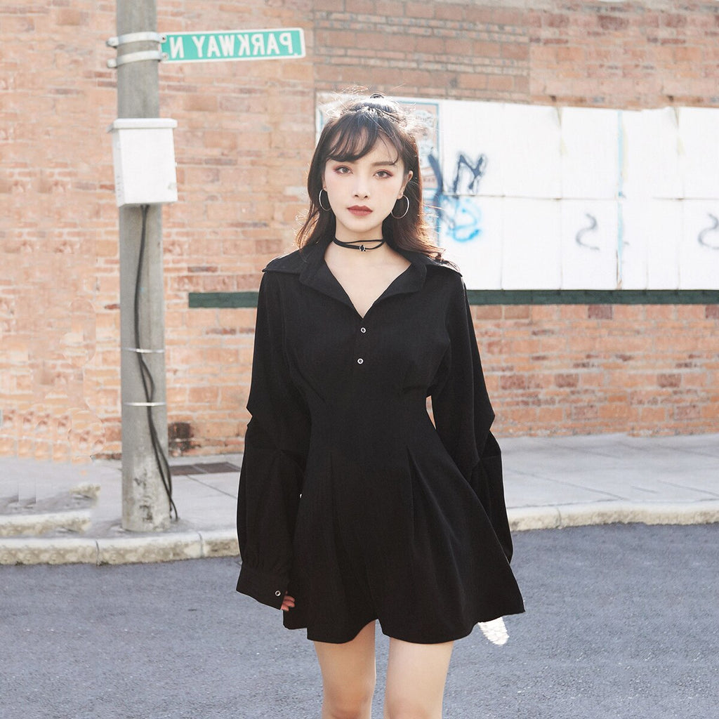 Streetwear Punk Gothic Black Shirt Dress Fashion Hip Hop Grunge Clothes Long Sleeve V Collar Slim High Waist Mini Dresses
