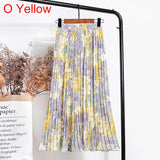 Women Chiffon Pleated Skirt Elastic High Waist Summer Print Casual Midi Long Skirt