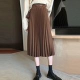 Women Casual Pleated Skirts Spring Korean Style All-match Vintage Woolen Ladies High Waist A-line Long Skirt