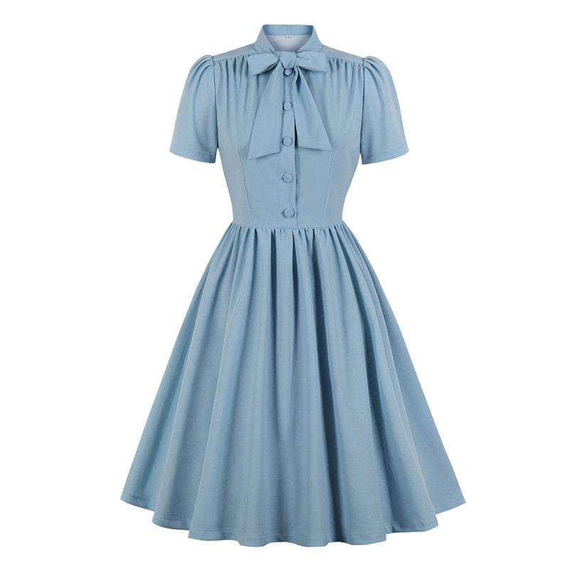 Tie Neck Button Up 50S Pinup Women Vintage Pleated Swing Dress Summer Blue Elegant Retro Clothes Ladies Solid Tunic Dresses