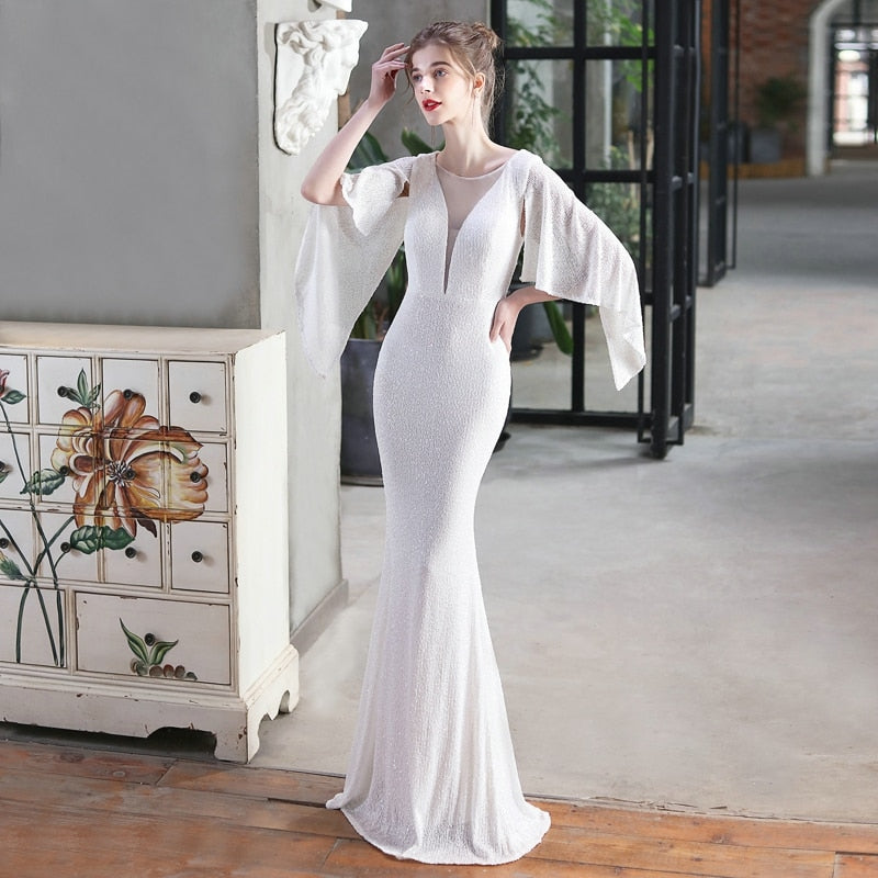 Angel Wings Mermaid Sliver Sequin Dress V Neck Party Dress Elegant Evening Dress